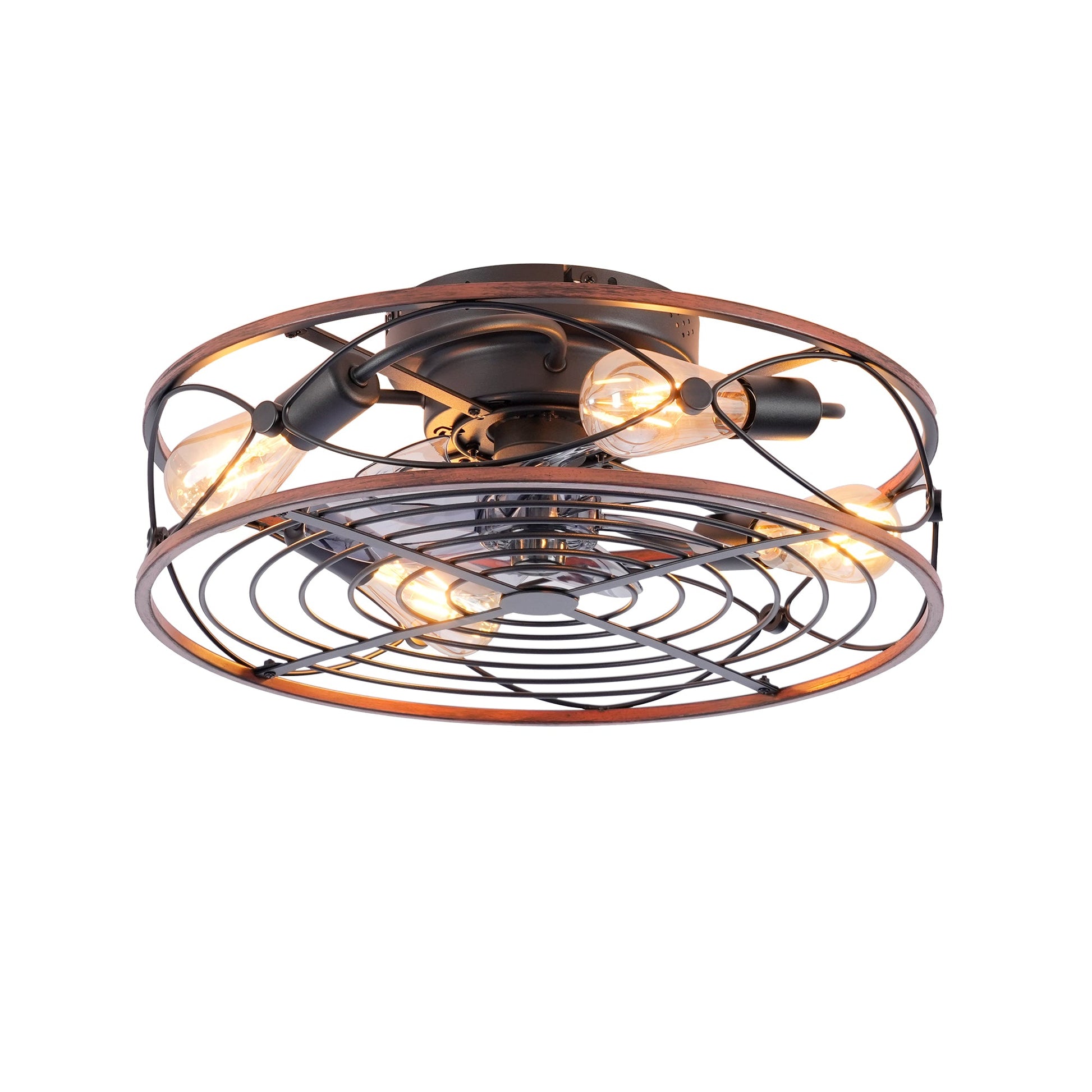 20'' caged ceiling fan with Edison bulbs, dark bronze metal rings and wood accents remote on Tampa Home & Garden Store