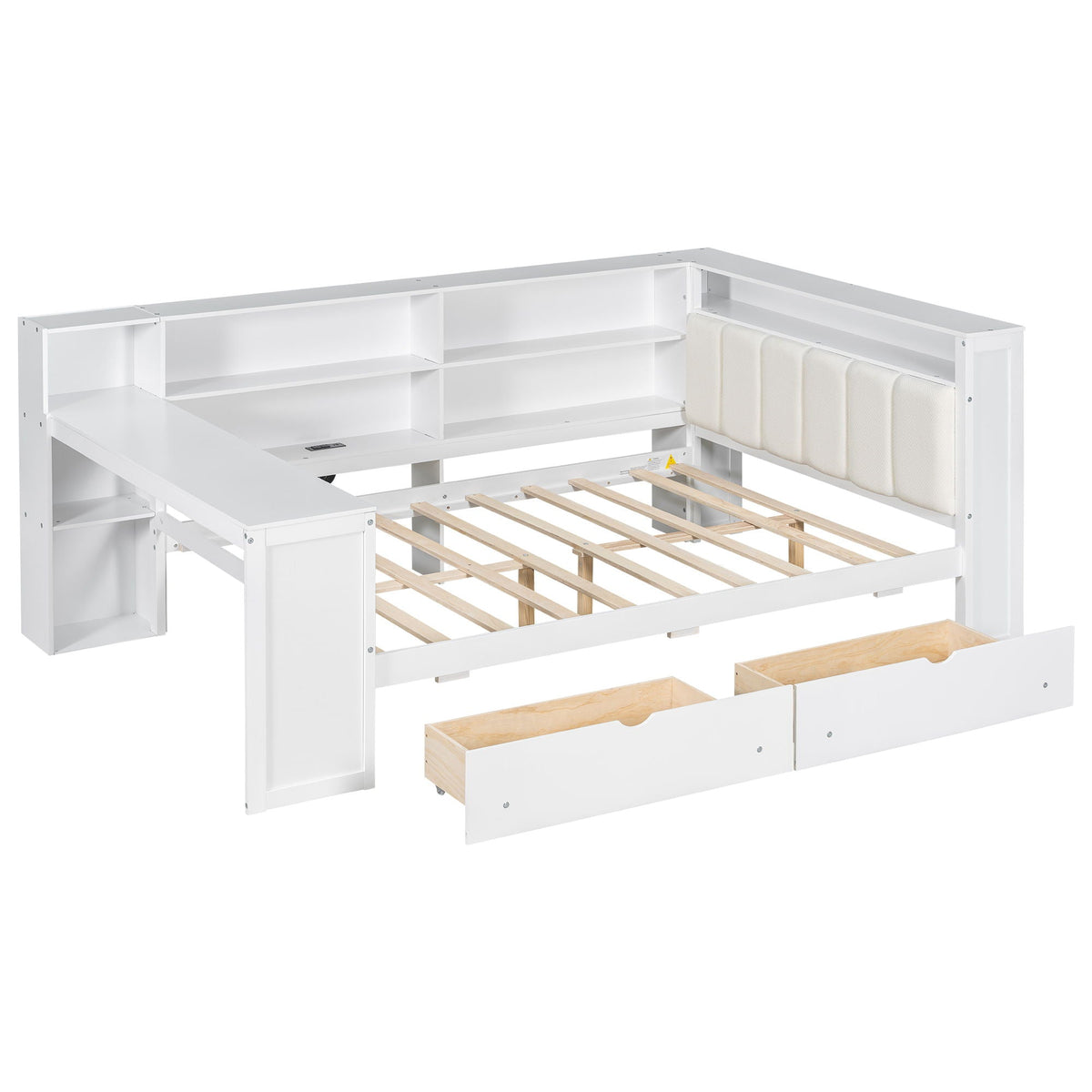 Platform bed with storage shelves, drawers and desk in white finish by HouseOfZazla on Tampa Home & Garden Store