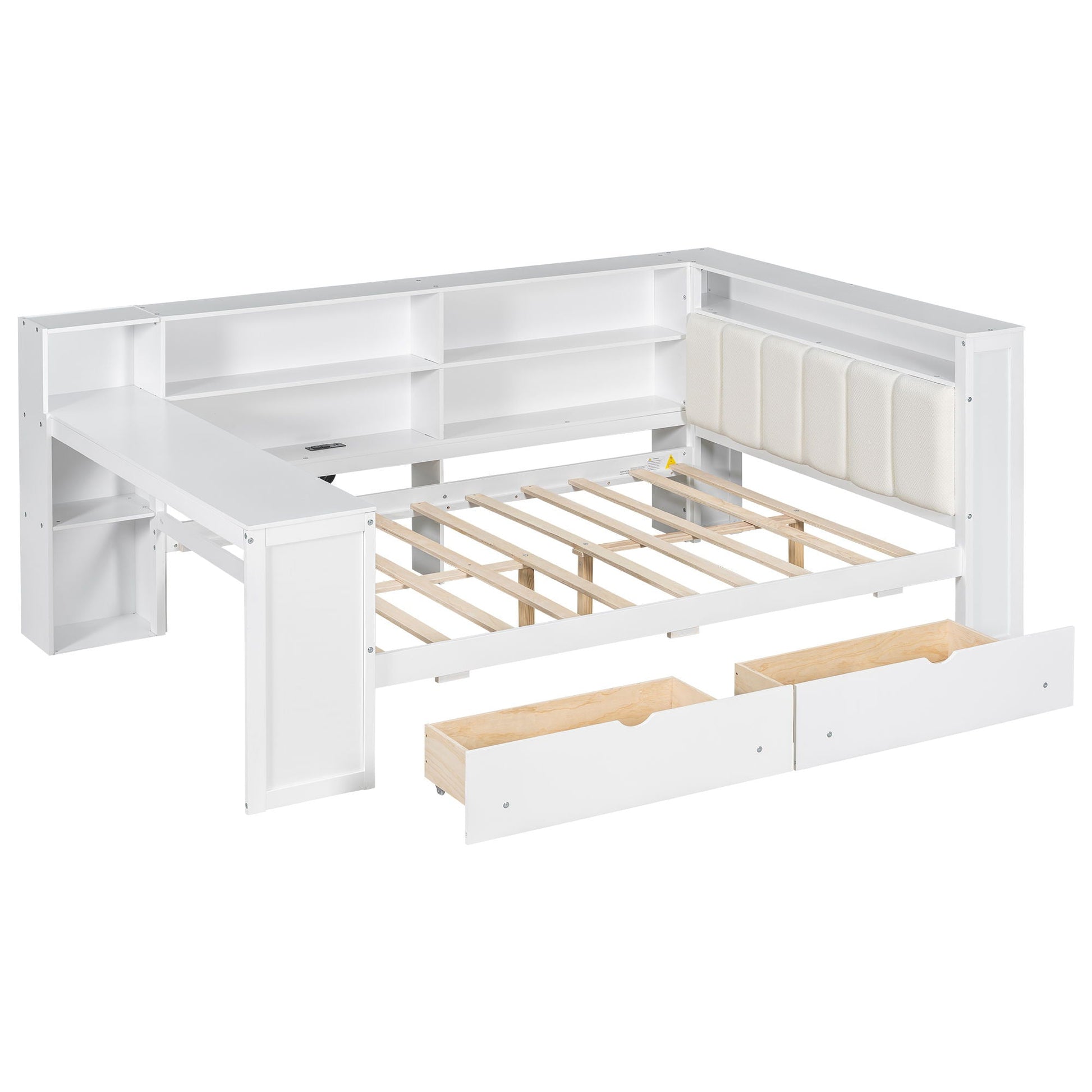 Platform bed with storage shelves, drawers and desk in white finish by HouseOfZazla on Tampa Home & Garden Store