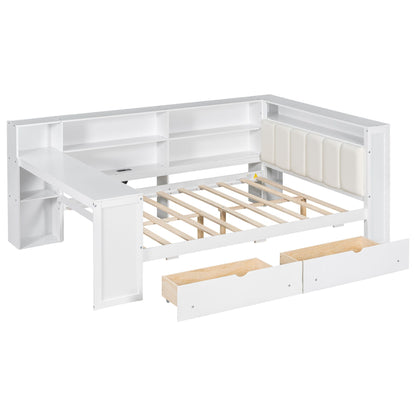 Platform bed with storage shelves, drawers and desk in white finish by HouseOfZazla on Tampa Home & Garden Store