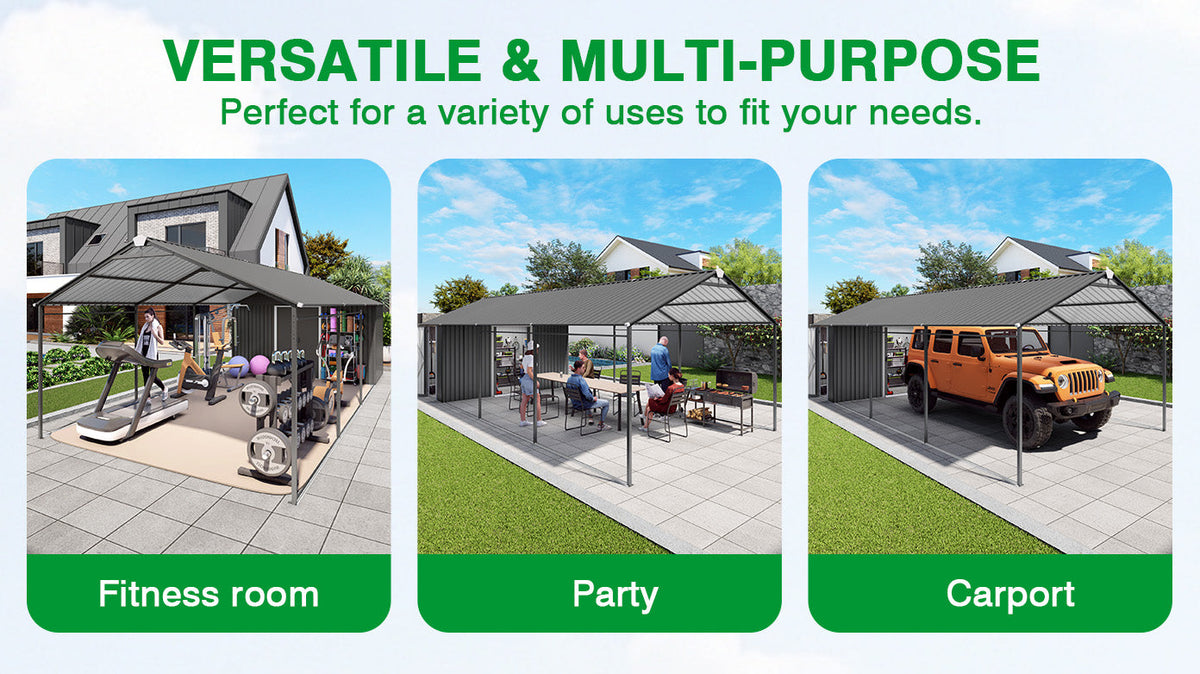12x25 ft galvanized steel carport by HouseOfZazla; fitness room, party, carport 3 panels shown on Tampa Home & Garden Store