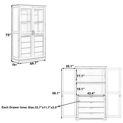 Blue Pine Cabinet With Glass Doors And Drawers