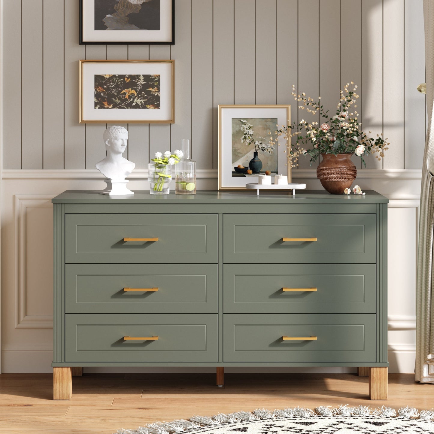 6-Drawer Olive Dresser by HouseOfZazla with brass handles in a styled vignette on Tampa Home & Garden Store