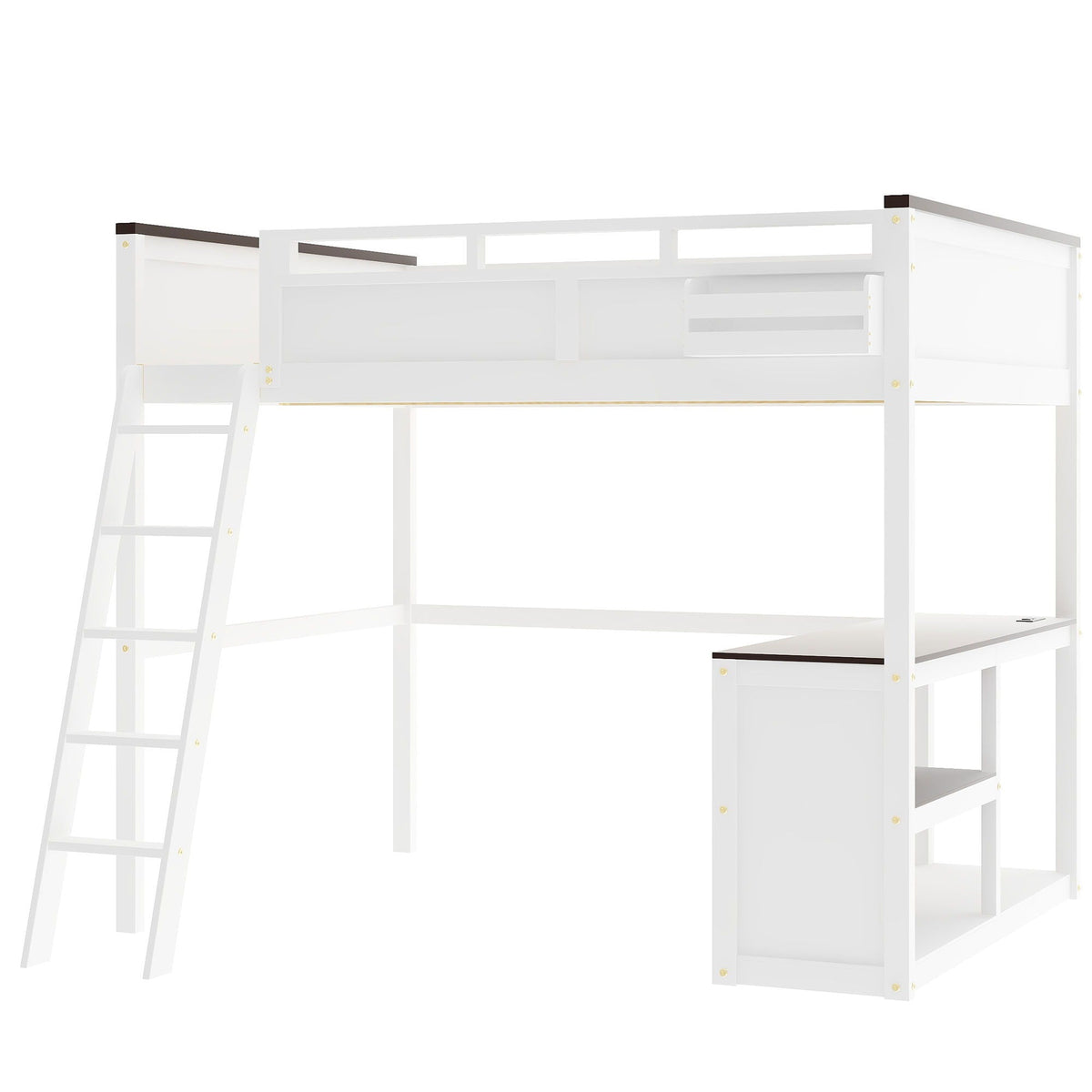 Queen size white loft bed with desk, open shelf, storage box and USB charging station on Tampa Home & Garden Store