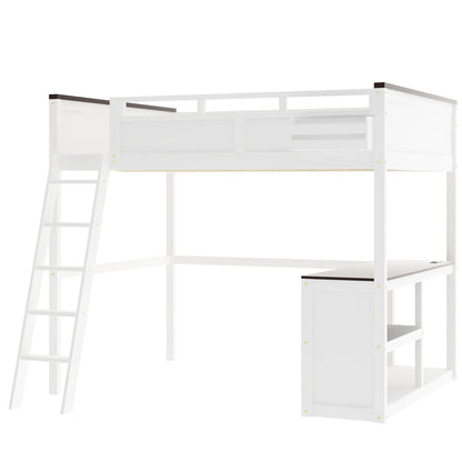 Queen size white loft bed with desk, open shelf, storage box and USB charging station on Tampa Home & Garden Store