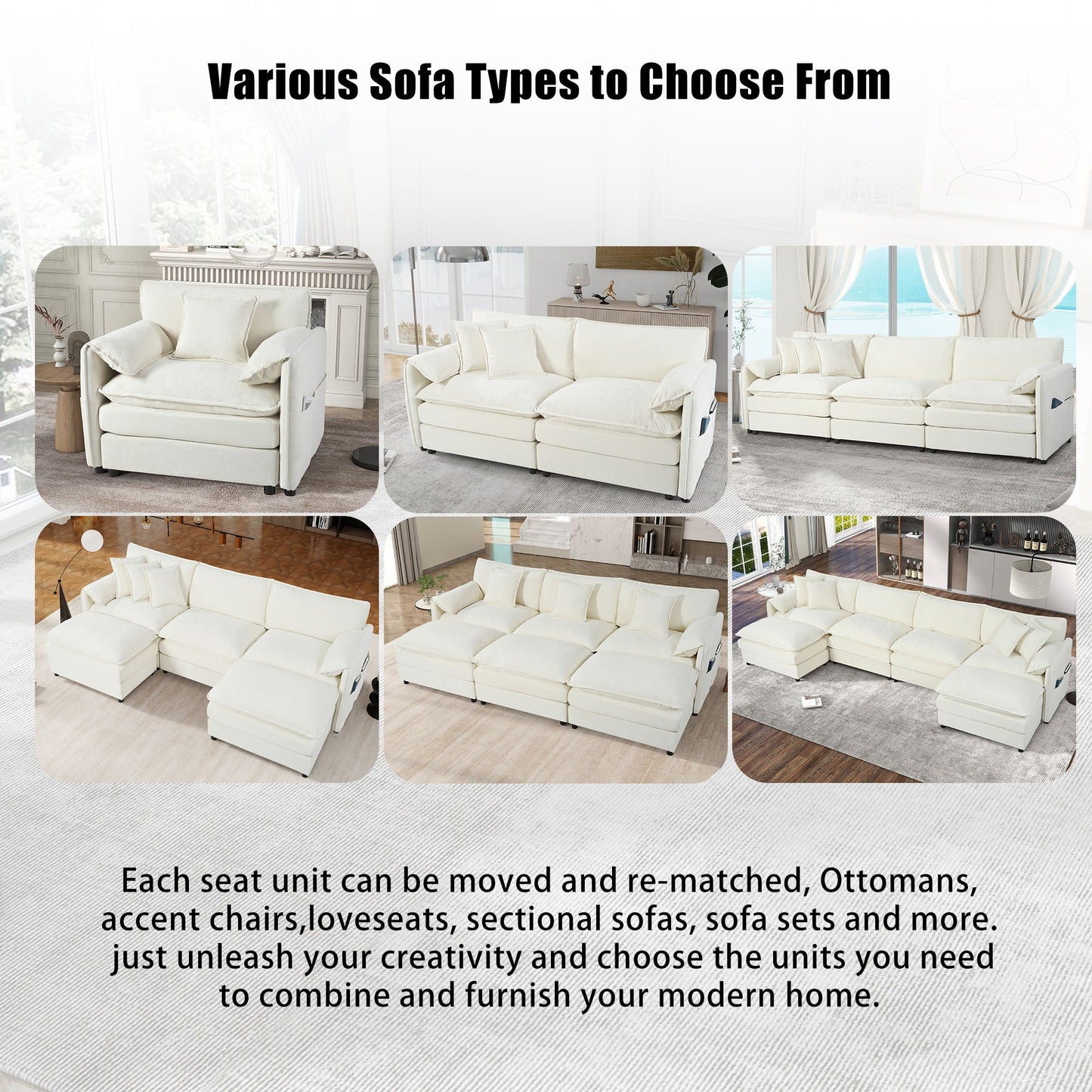 Modern Comfy Deep Seat Modular Sectional Sofa Cloud Couch with Ottoman cream on Tampa Home & Garden Store