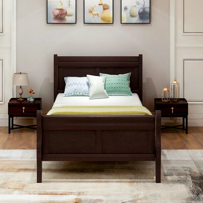 Dark brown wood platform bed frame with headboard and footboard plus two nightstands on Tampa Home & Garden Store