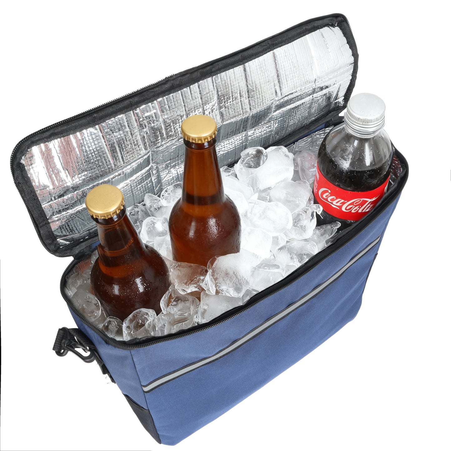 Beach Wagon cooler bag with ice, beer bottles and Coca-Cola bottle in blue insulated case on Tampa Home & Garden Store