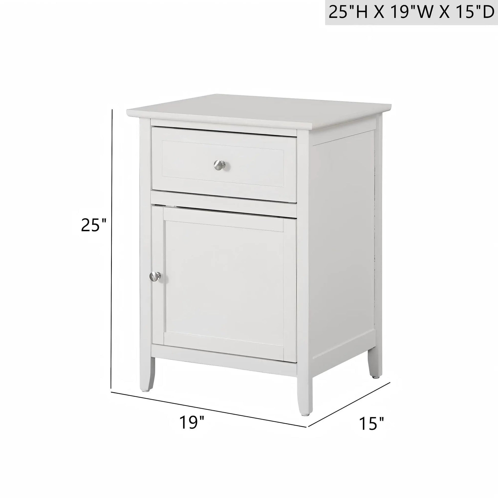 1 Drawer / 1 Door Nightstand white wood with silver knob, accent nightstand on Tampa Home & Garden Store