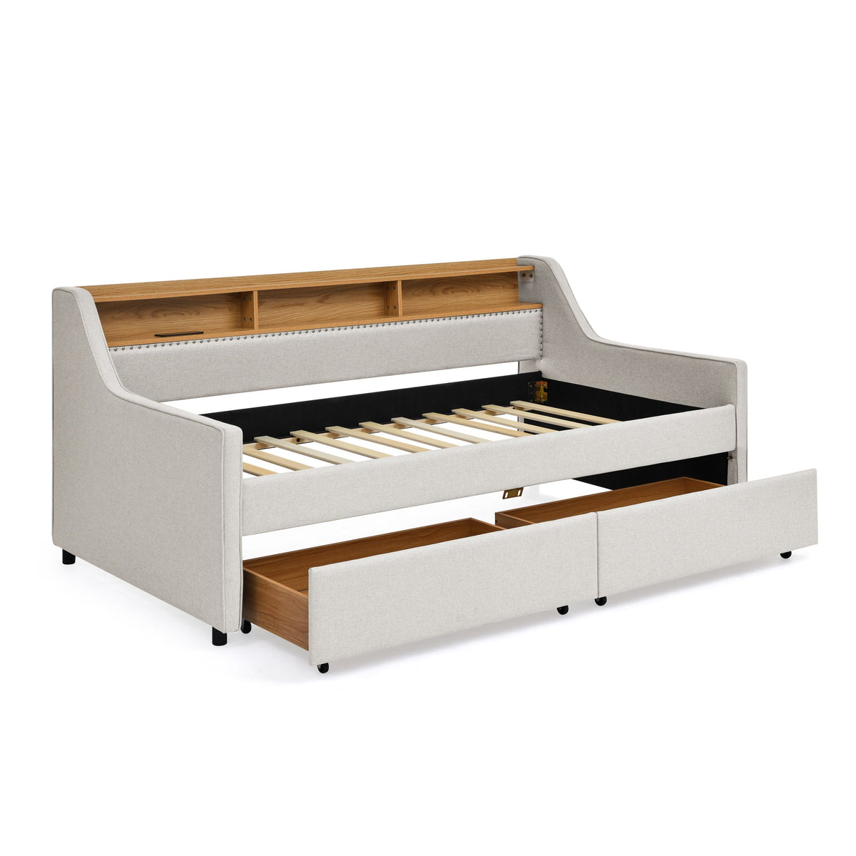 Twin beige upholstered storage bed with wood headboard shelf and bottom drawers on Tampa Home & Garden Store