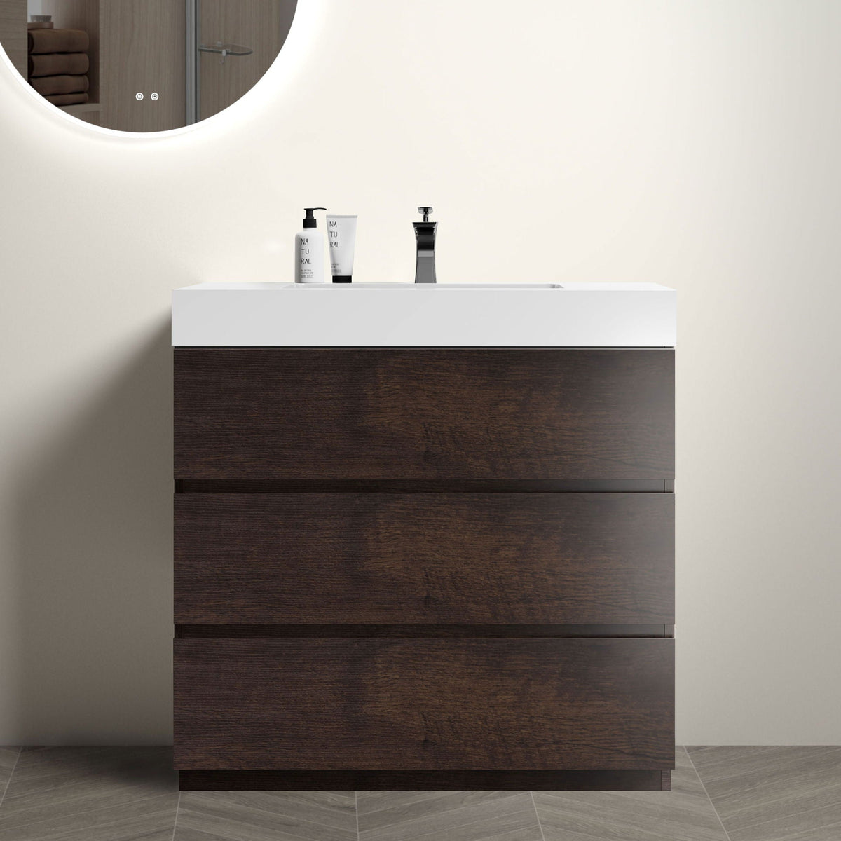 Alice bathroom vanity with white top and dark wood base, one-piece sink basin large storage on Tampa Home & Garden Store