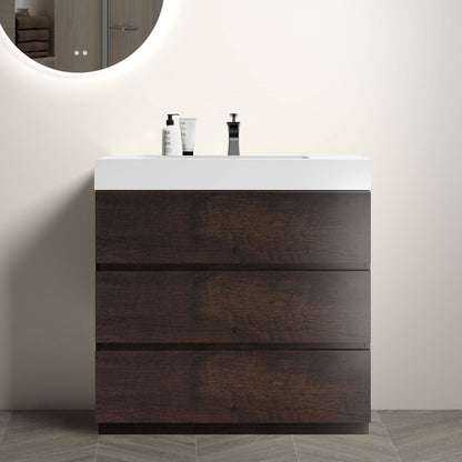 Alice bathroom vanity with white top and dark wood base, one-piece sink basin large storage on Tampa Home & Garden Store