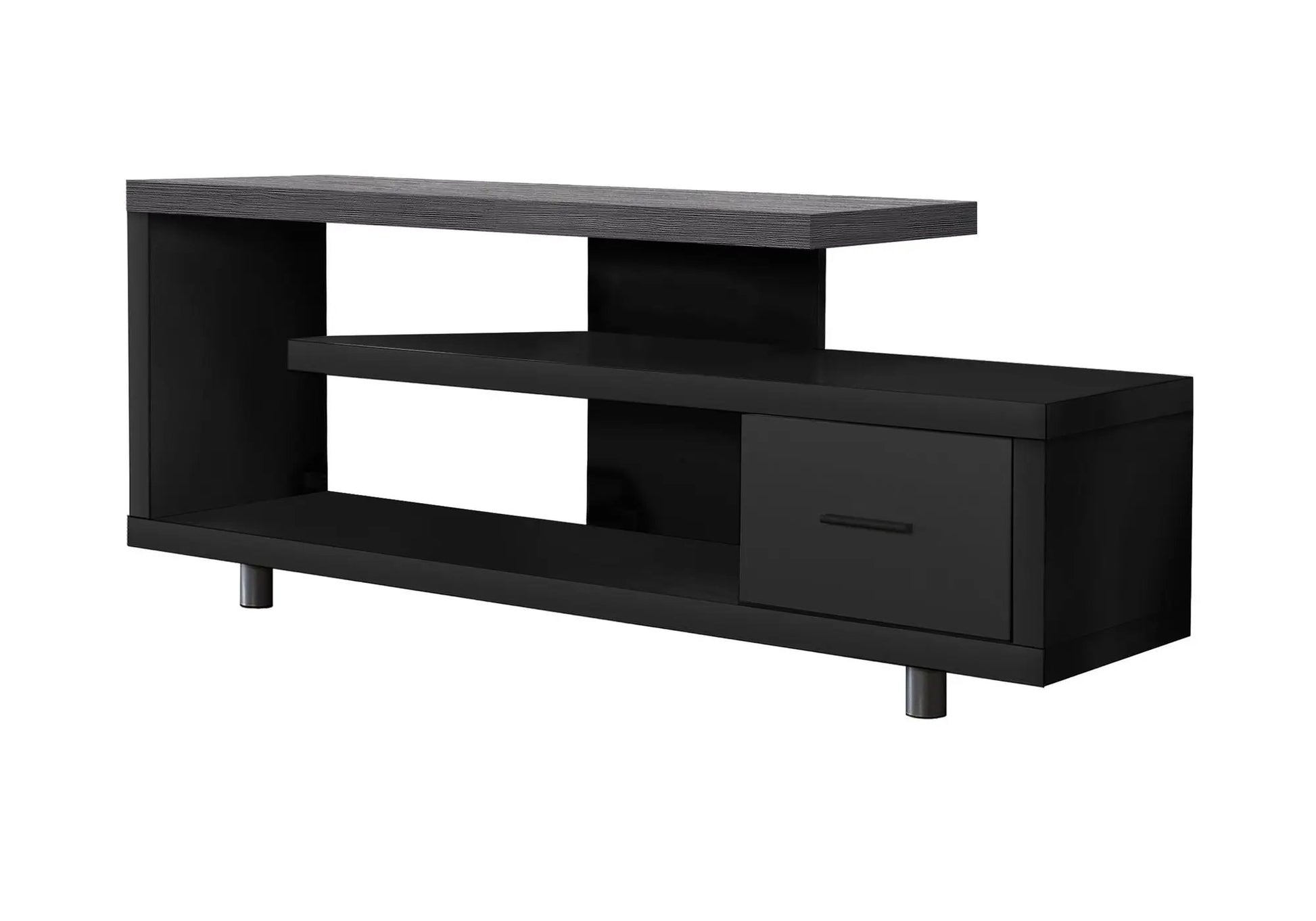 TV stand with gray wood top and black cabinet, open center shelf, right drawer on Tampa Home & Garden Store