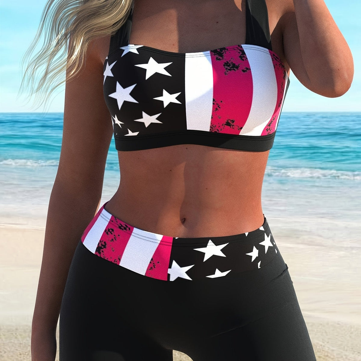 Stevvex bikini set with American flag print black star top and redwhite striped bottoms on Tampa Home & Garden Store