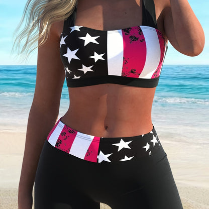 Stevvex bikini set with American flag print black star top and redwhite striped bottoms on Tampa Home & Garden Store