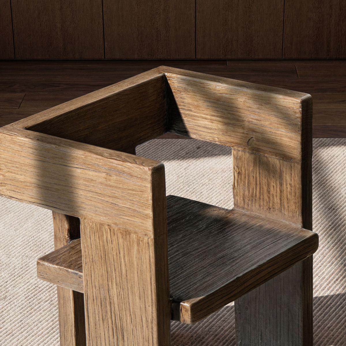 Sculptural Block Accent Chair reclaimed elm in warm brown with bold geometric form on Tampa Home & Garden Store
