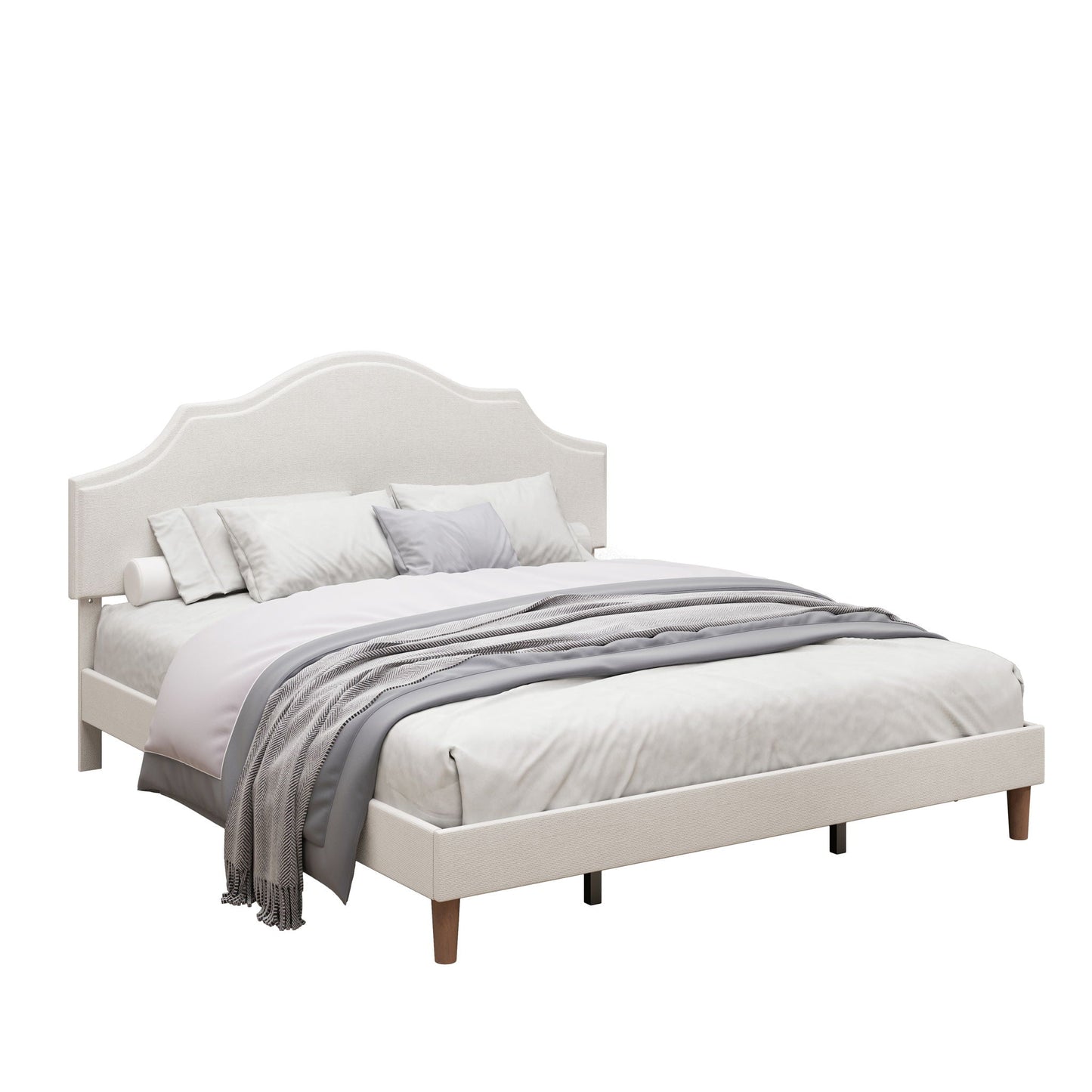 King Upholstered Platform Bed Frame in White