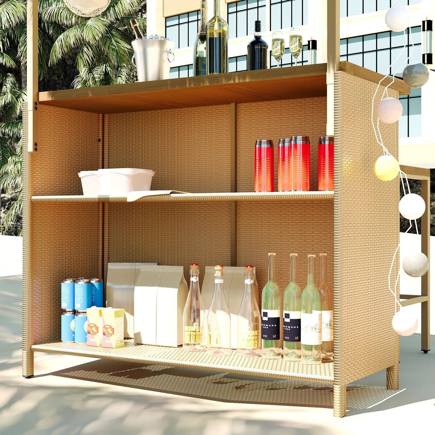 3 Piece outdoor bar set in natural wicker with bottles and glassware on a patio on Tampa Home & Garden Store