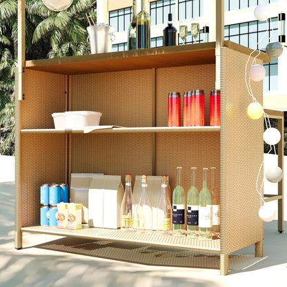 3 Piece outdoor bar set in natural wicker with bottles and glassware on a patio on Tampa Home & Garden Store