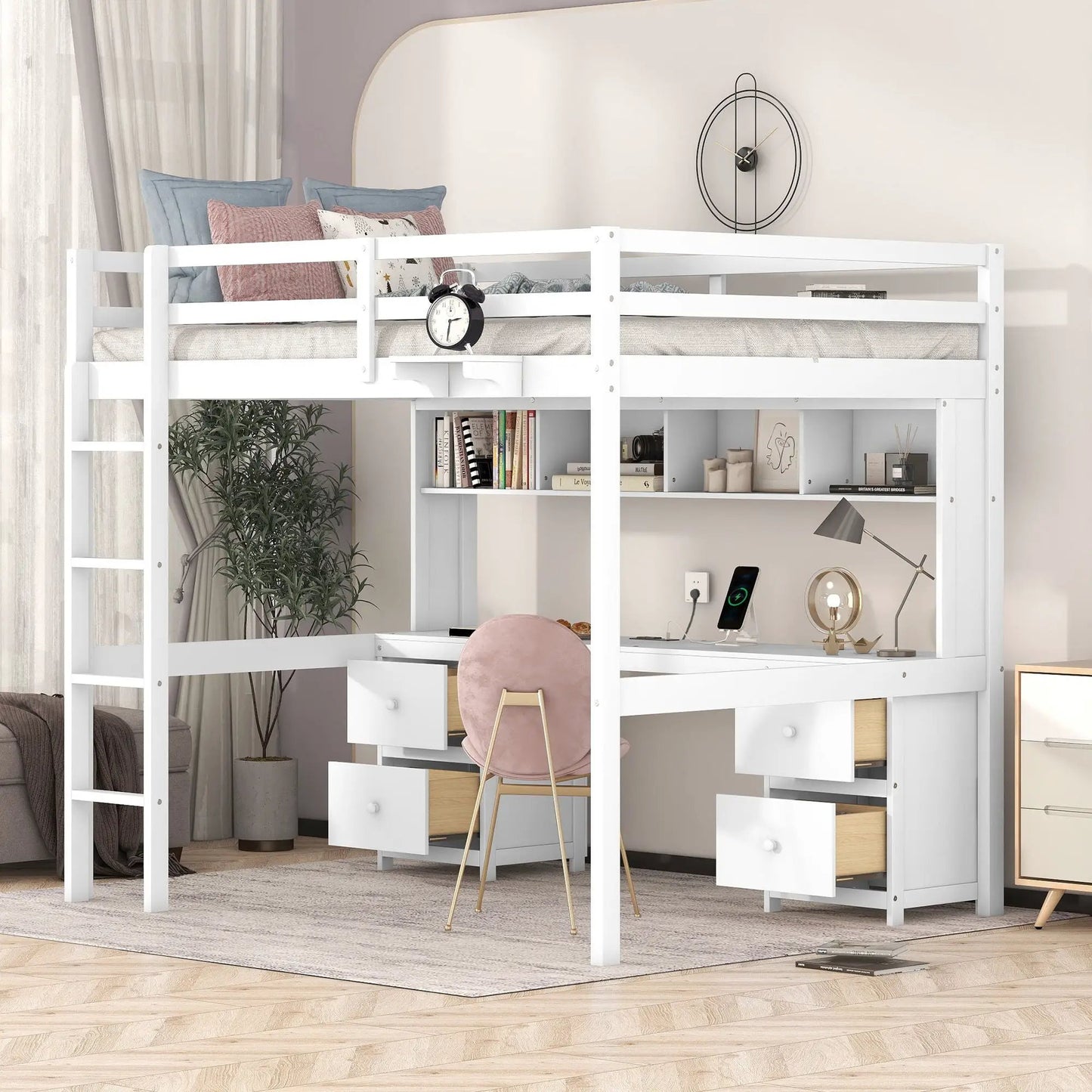Loft Bed With Desk and Storage Charging Station