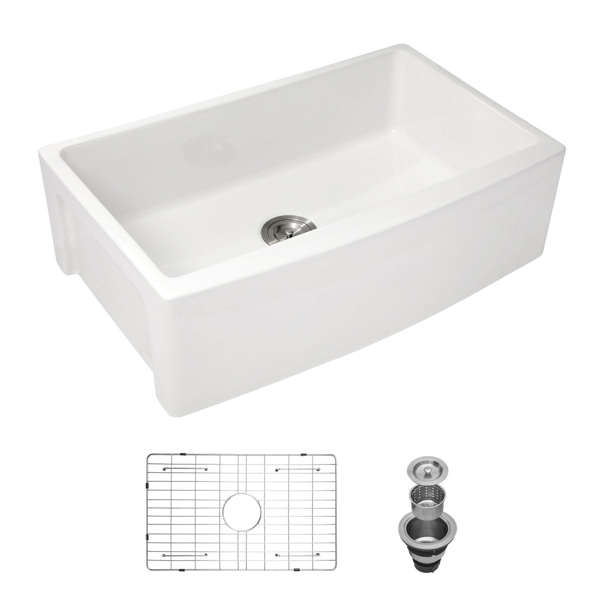 HouseOfZazla farmhouse apron-front undermount sink, single-bowl arch-edge; rack and drain kit on Tampa Home & Garden Store
