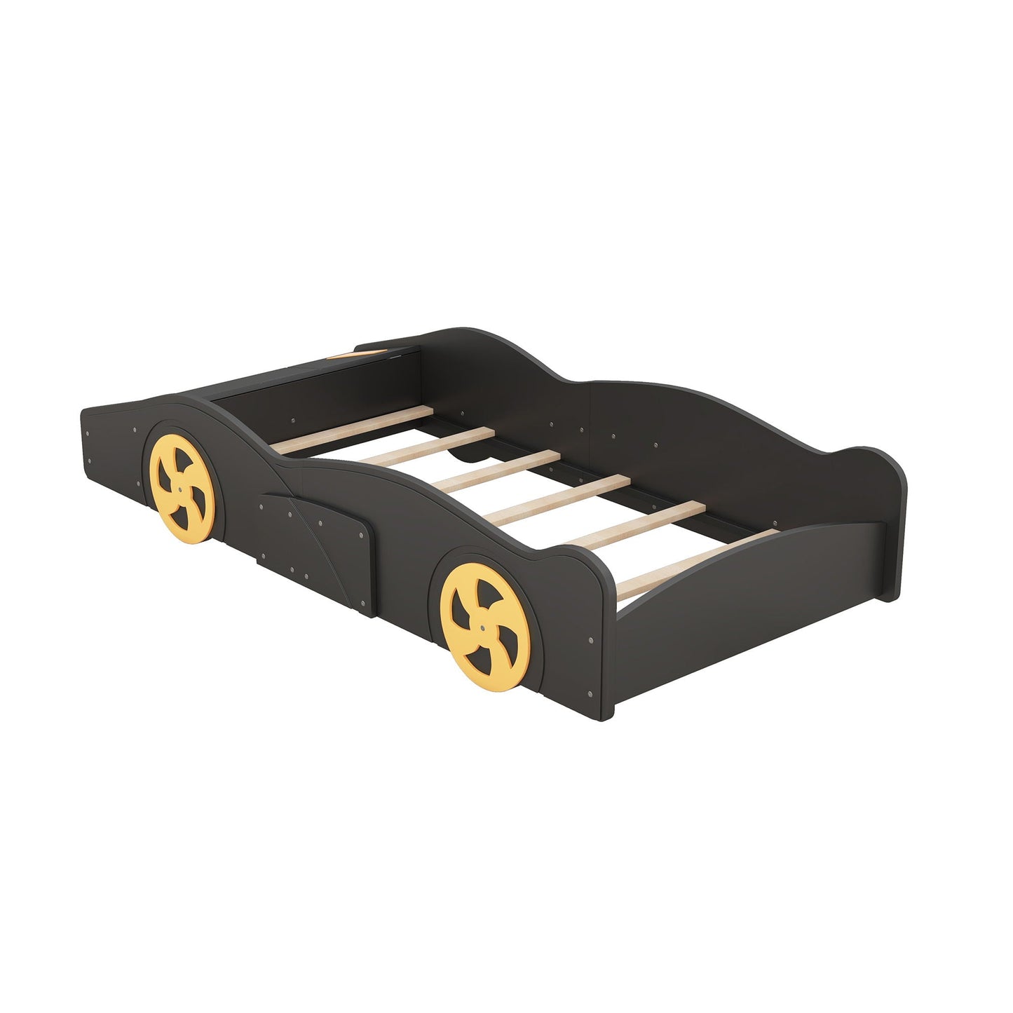Race Car Shaped Platform Bed with Wheels and Storage in gray with yellow wheels on Tampa Home & Garden Store