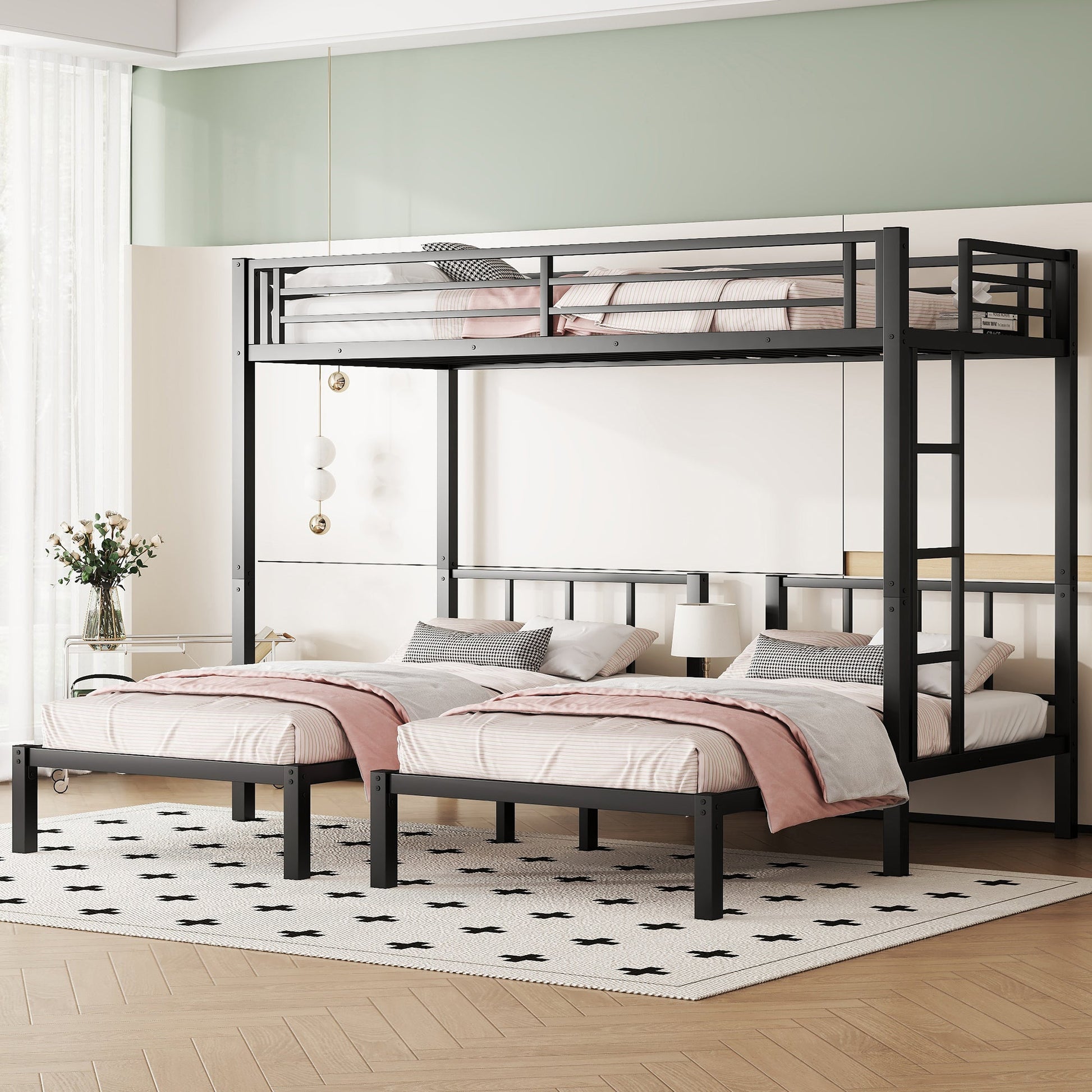 Metal triple bunk bed in black finish with guard rails and ladder in a modern kids room on Tampa Home & Garden Store