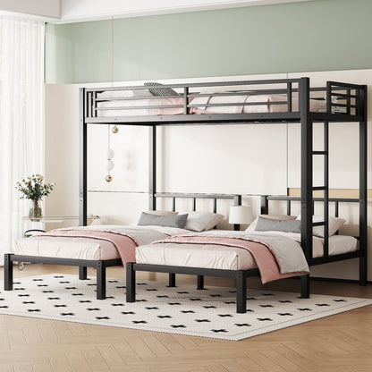 Metal triple bunk bed in black finish with guard rails and ladder in a modern kids room on Tampa Home & Garden Store