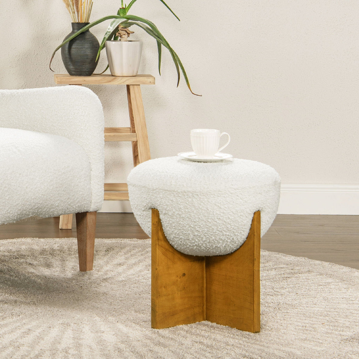 Round white upholstered storage ottomans with wooden legs set of 2 on Tampa Home & Garden Store