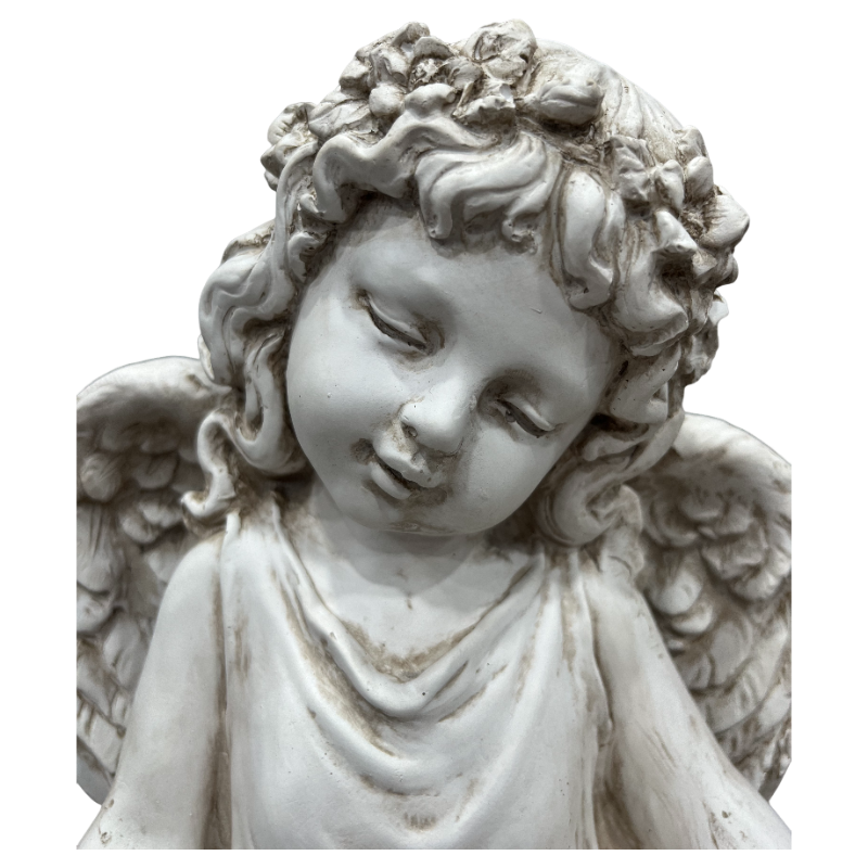 Angel cherub garden statue, weathered white stone finish with detailed wings, 21.06 inches tall on Tampa Home & Garden Store