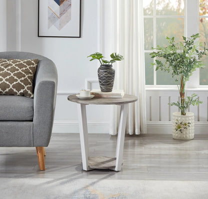 Elysian gray contemporary round end table with shelf beside gray sofa by Unique Piece Furniture on Tampa Home & Garden Store