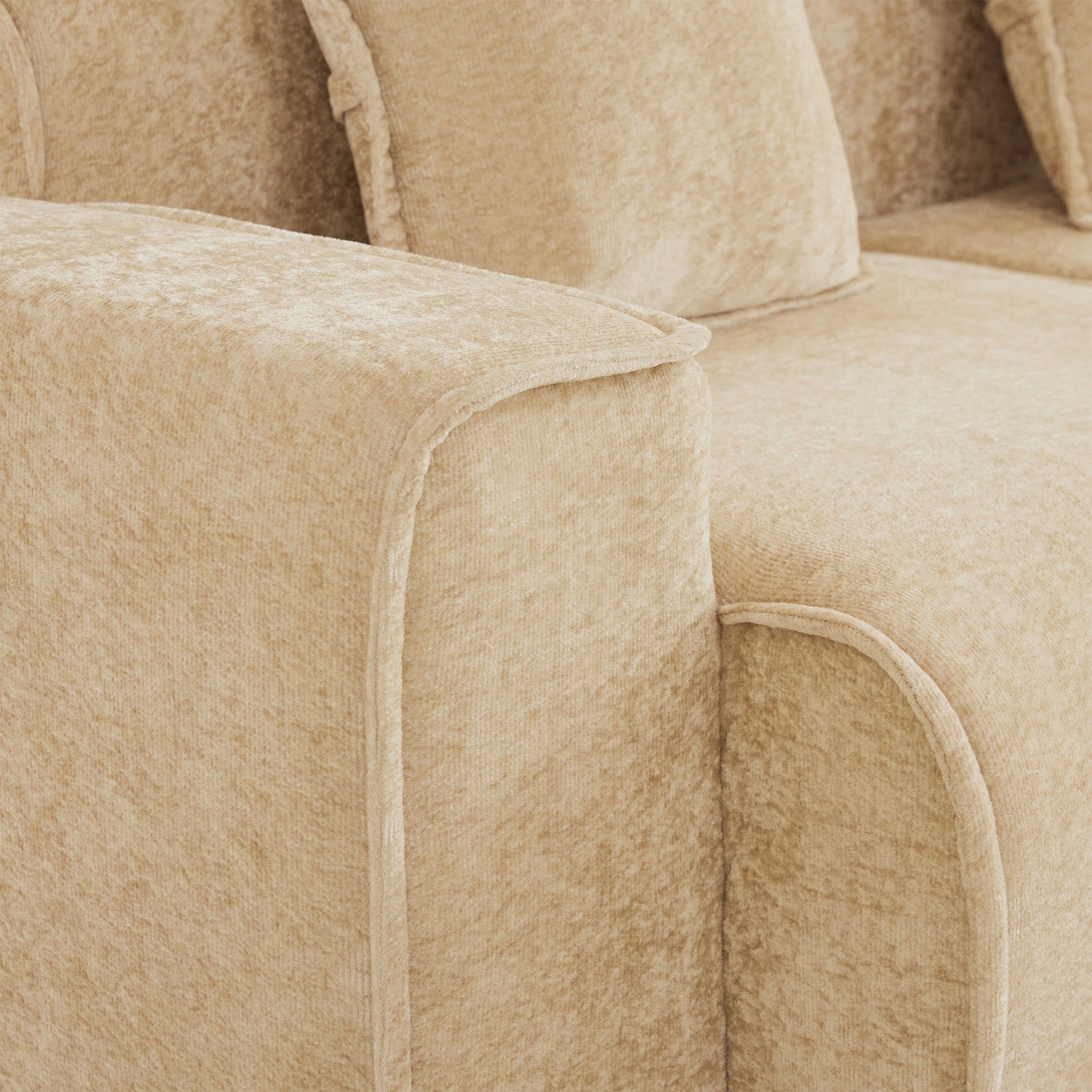 Streamlined modular 3-seat U-shaped sofa in beige velvet upholstery close-up cushions on Tampa Home & Garden Store