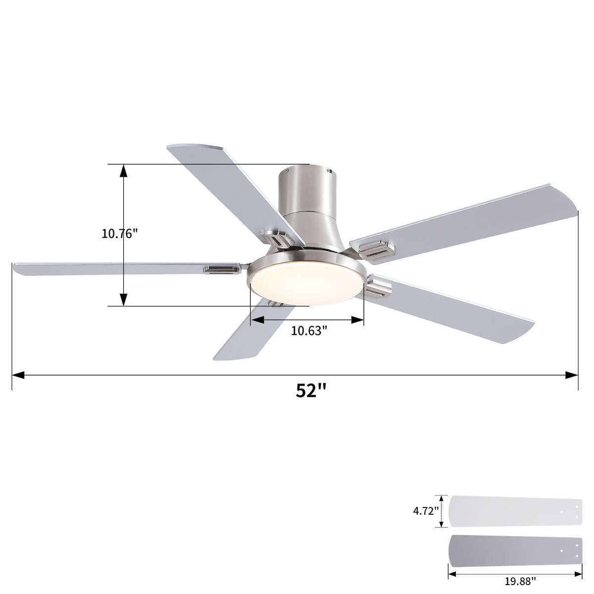 Flush mount ceiling fan with LED light pearl silver finish, 5 blades, remote, 52 inch span on Tampa Home & Garden Store