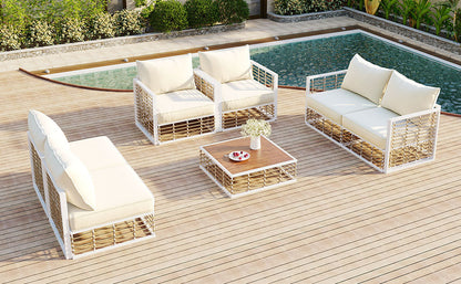 TOPMAX 7pc Metal Patio Sectional with cream cushions and wooden coffee table HouseOfZazla on Tampa Home & Garden Store