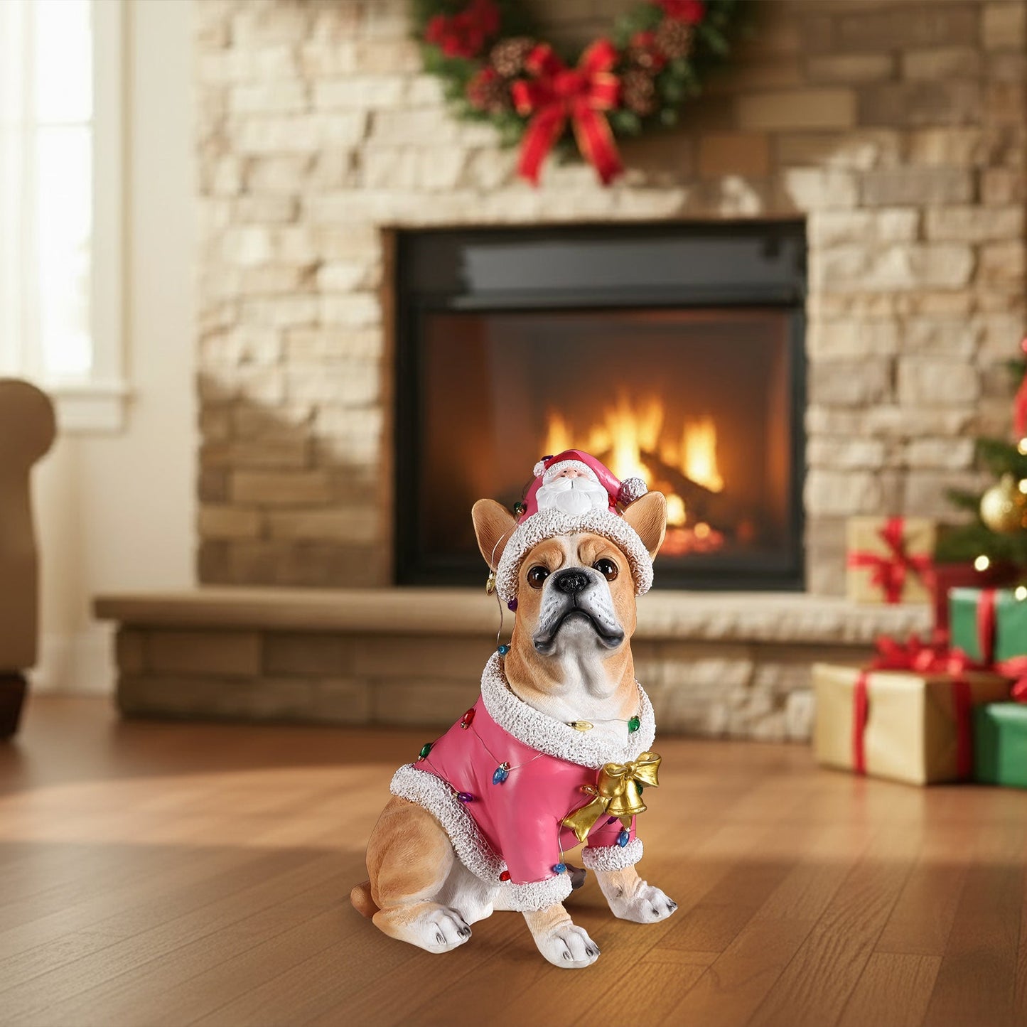 Christmas French Bulldog Statue in pink Santa suit with glitter trim by HouseOfZazla on Tampa Home & Garden Store
