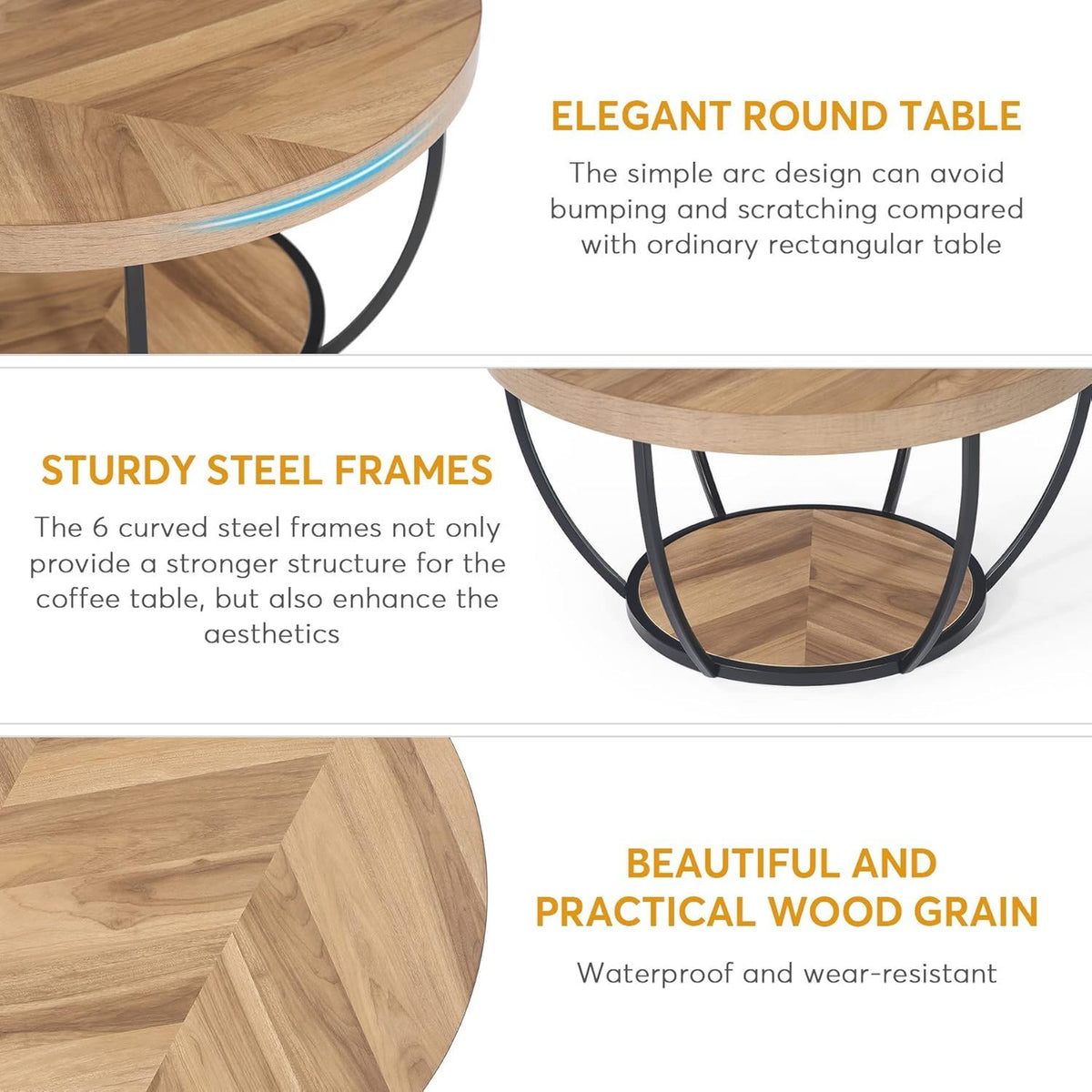 2-tier round coffee table with storage shelves, wood top and black steel frame on Tampa Home & Garden Store