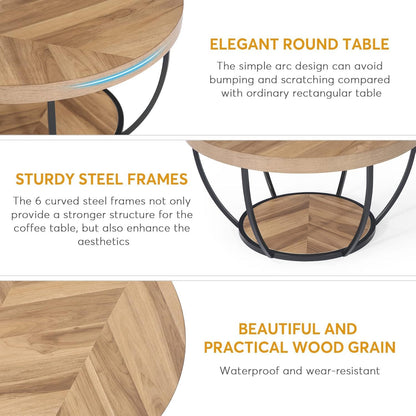 2-tier round coffee table with storage shelves, wood top and black steel frame on Tampa Home & Garden Store