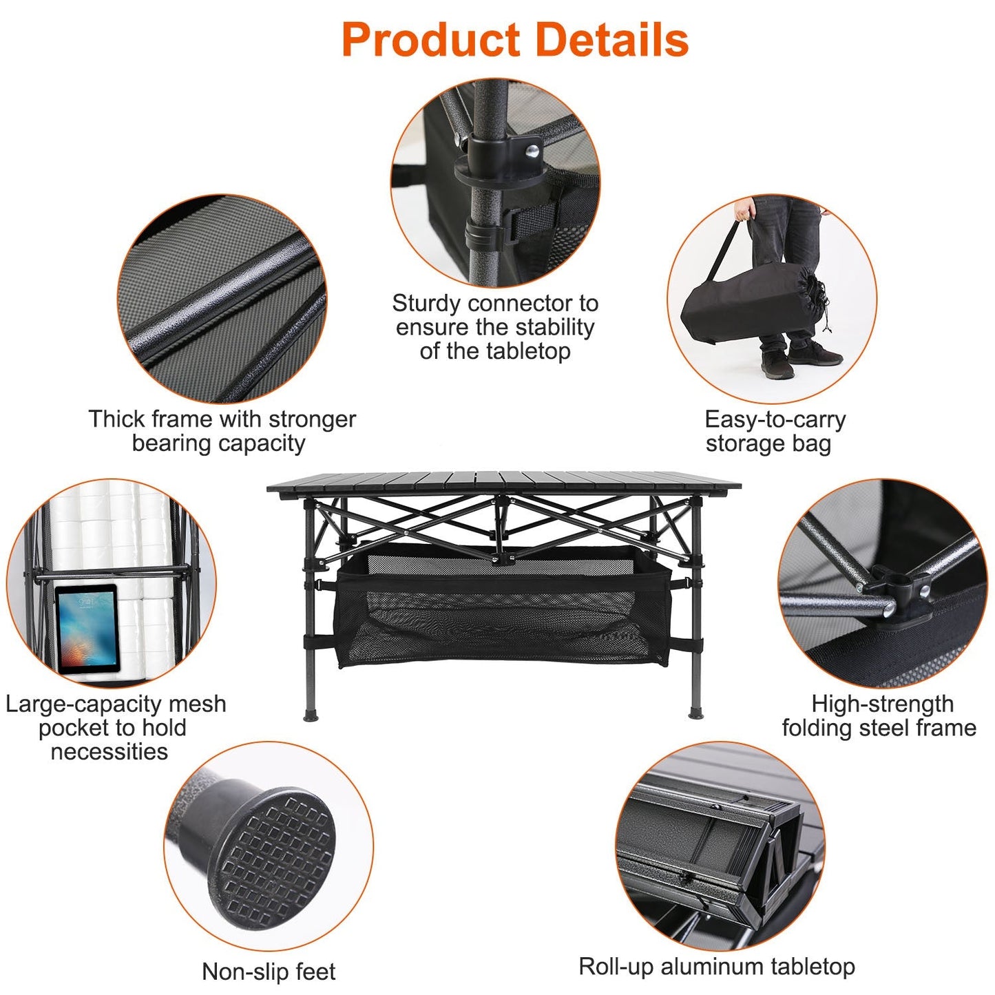 GemGear folding camping table with roll-up aluminum tabletop, black frame, carrying bag on Tampa Home & Garden Store