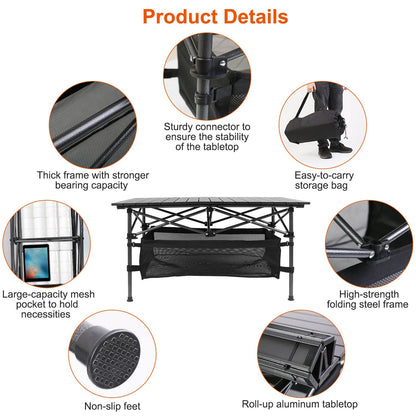 GemGear folding camping table with roll-up aluminum tabletop, black frame, carrying bag on Tampa Home & Garden Store
