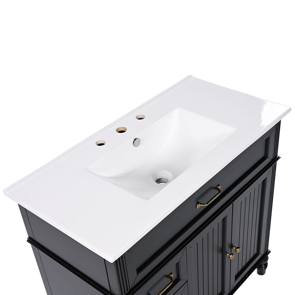 Bathroom vanity with sink and drawers, white countertop, black solid wood cabinet on Tampa Home & Garden Store