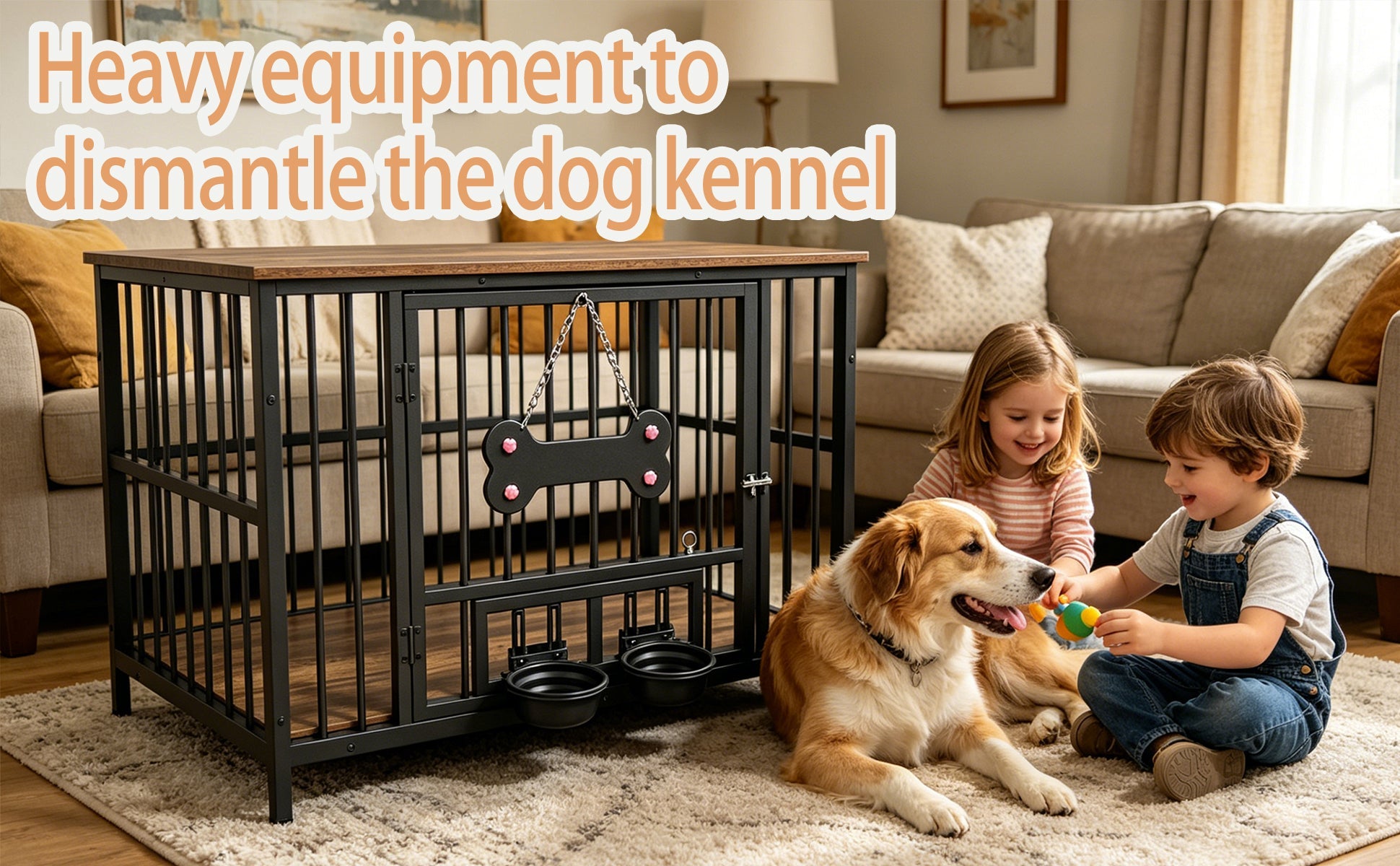 Vintage Wood Grain Dog Cage with Rotating Bowl, black metal frame, wood top, and two bowls on Tampa Home & Garden Store