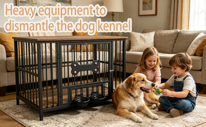 Vintage Wood Grain Dog Cage with Rotating Bowl, black metal frame, wood top, and two bowls on Tampa Home & Garden Store