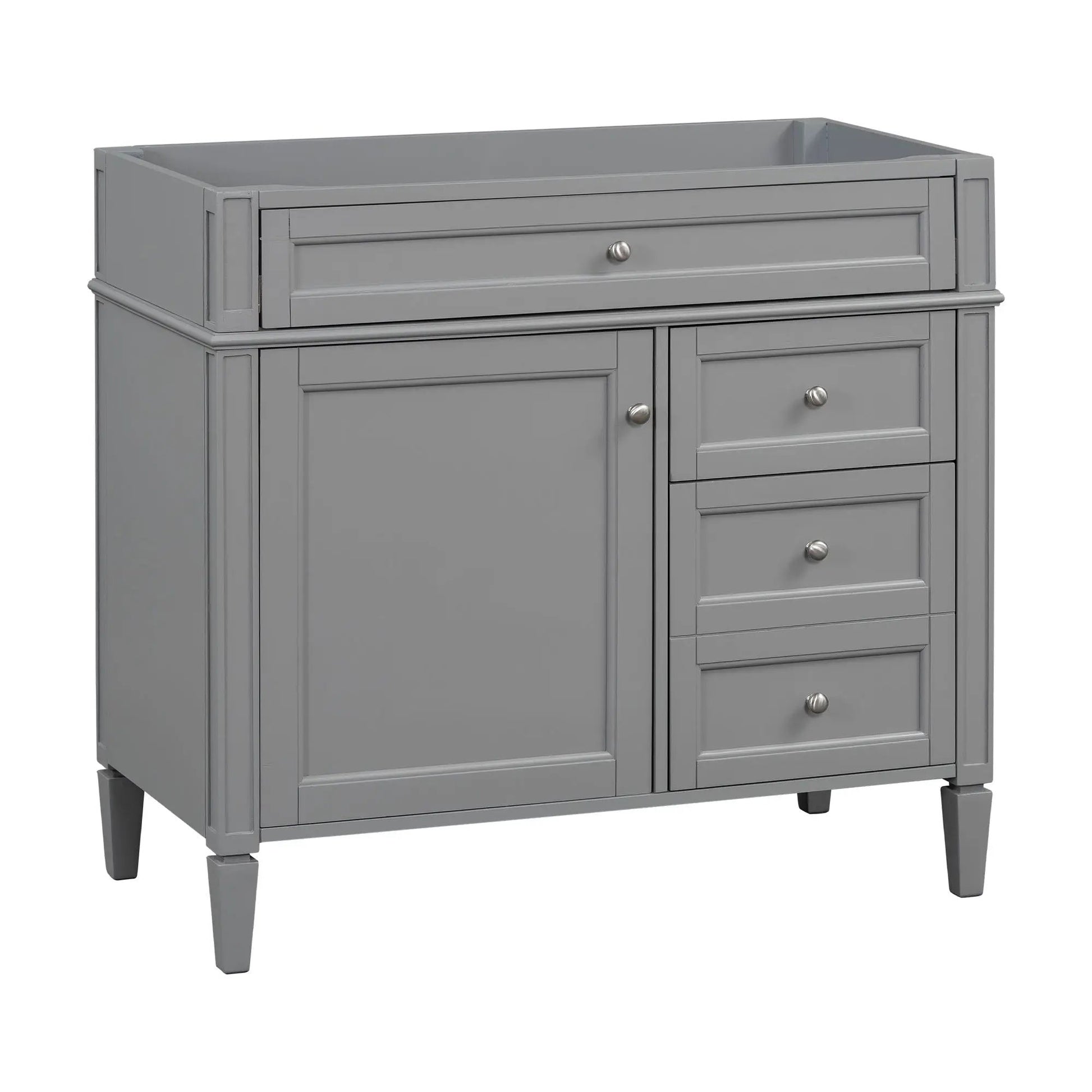 Bathroom vanity base in gray with 2 drawers and tip-out drawer storage by Unique Piece Furniture on Tampa Home & Garden Store