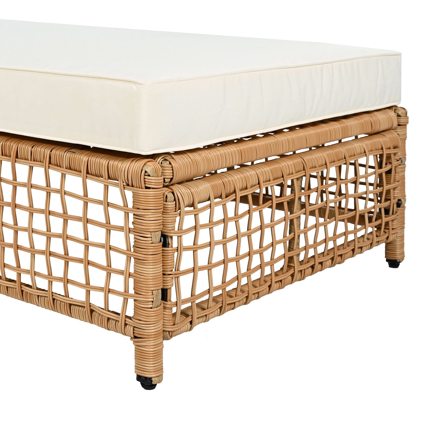 HouseOfZazla outdoor chaise lounge with beige cushion and wicker base with wheels on Tampa Home & Garden Store