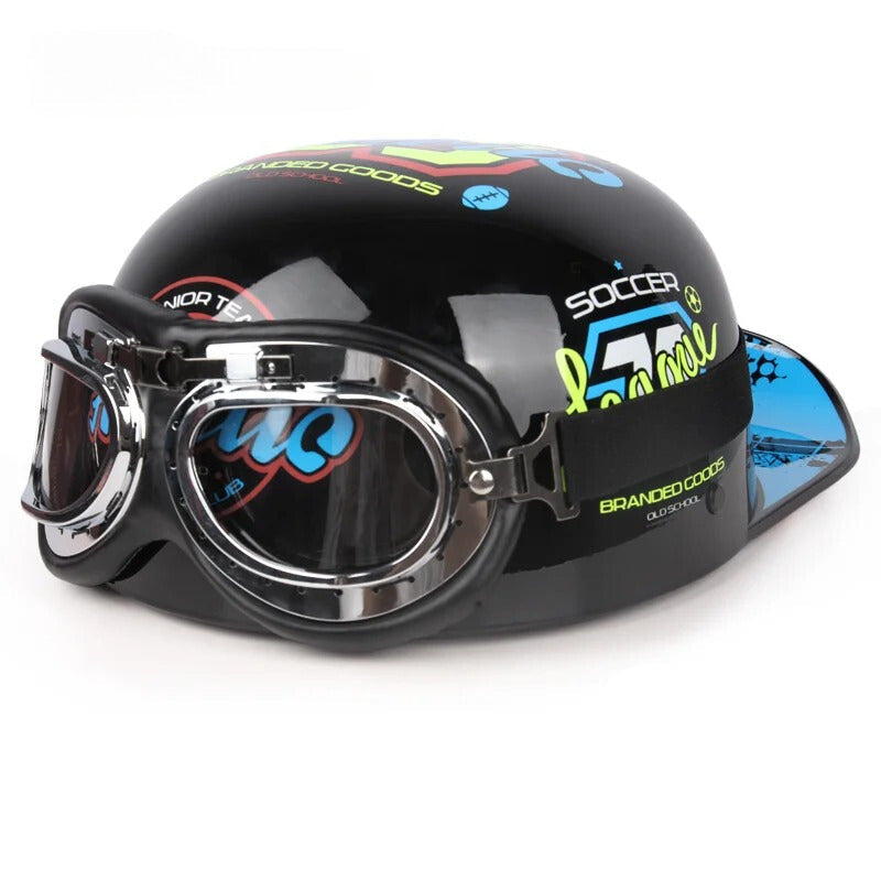 Vintage half motorcycle helmet with chrome goggles, black glossy shell by BikerZoneZ on Tampa Home & Garden Store