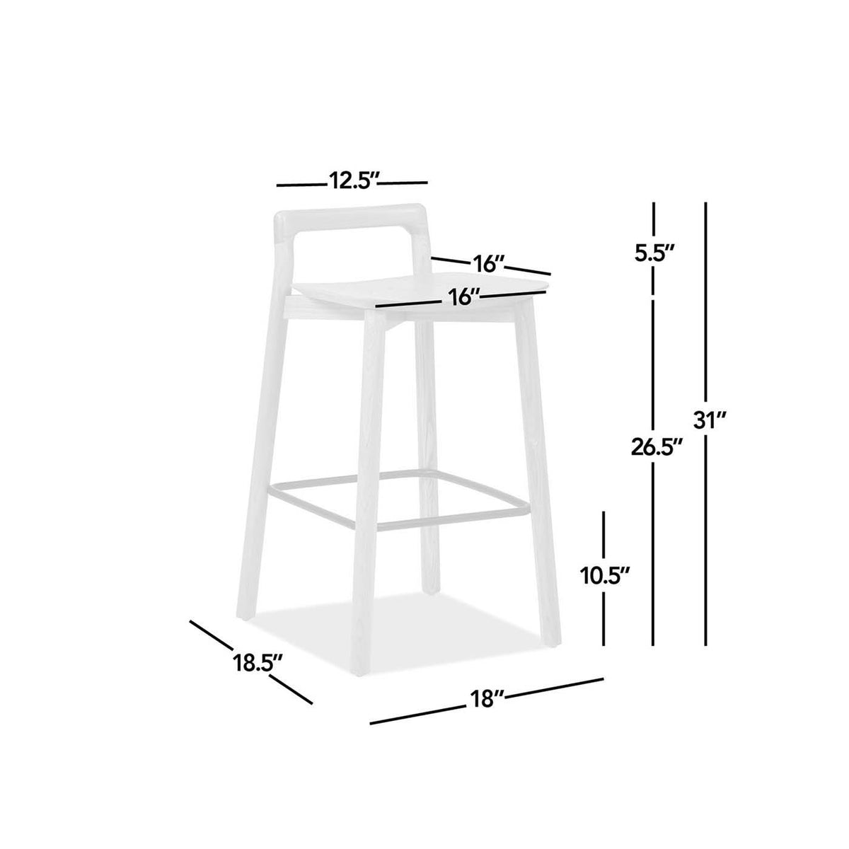 Modern minimalist low-back counter stool with white ash wood frame; 16x16 seat; 31 tall on Tampa Home & Garden Store