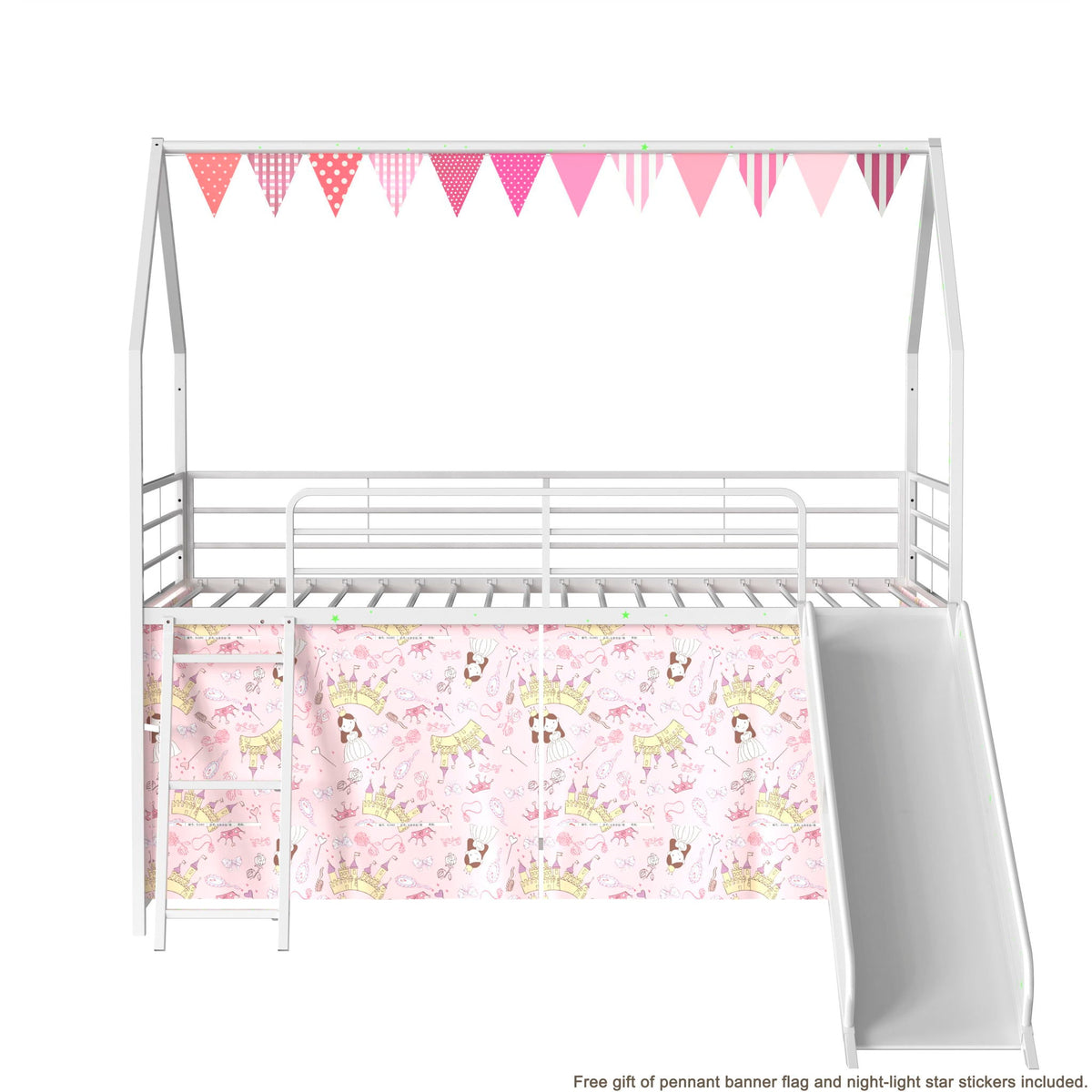 HouseOfZazla Jack loft bed with slide, white metal frame, pennant banner and curtains on Tampa Home & Garden Store