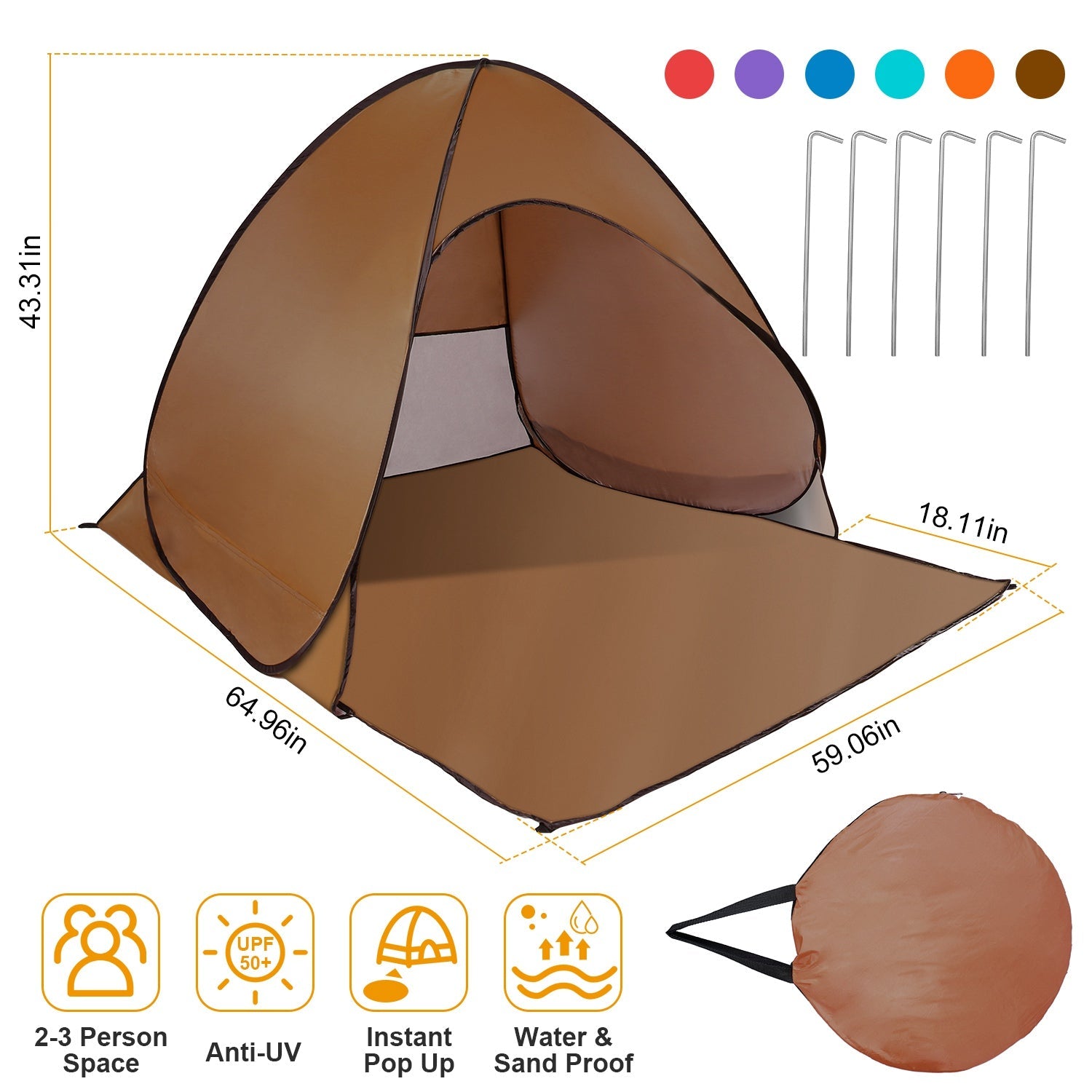 GemGear Pop Up Beach Tent Sun Shade Shelter brown 2-3 Person anti-UV UPF50+ instant pop up with storage bag and stakes on Tampa Home & Garden Store