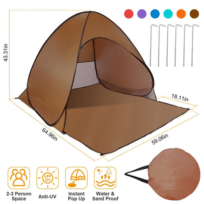GemGear Pop Up Beach Tent Sun Shade Shelter brown 2-3 Person anti-UV UPF50+ instant pop up with storage bag and stakes on Tampa Home & Garden Store