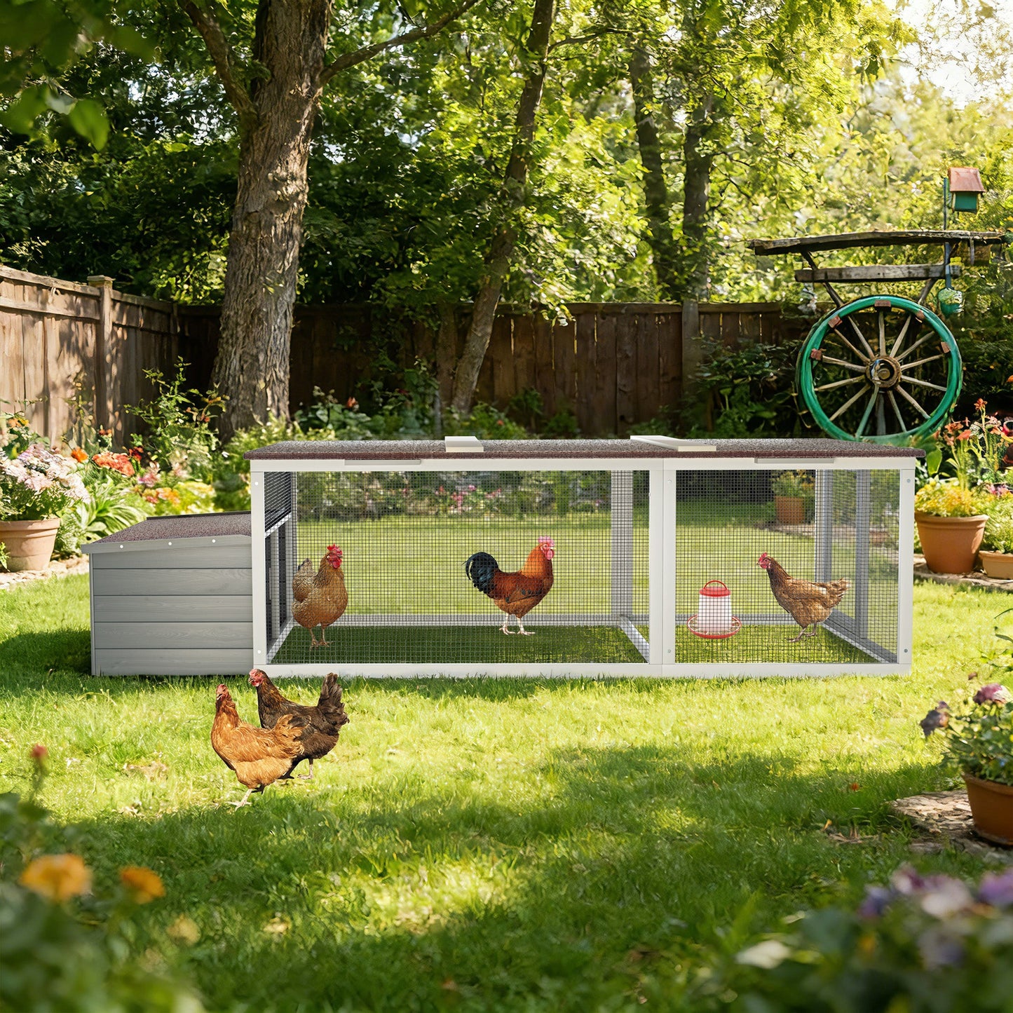 Large Chicken Coop with 20.93 Sq Ft Run by HouseOfZazla, white/gray with wire mesh run on Tampa Home & Garden Store